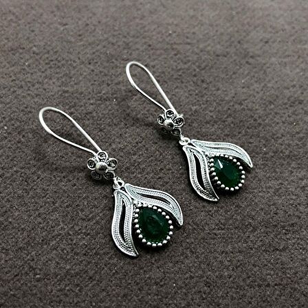 Zümrüt Taşlı Oksitli Telkari Gümüş Kadın Küpe