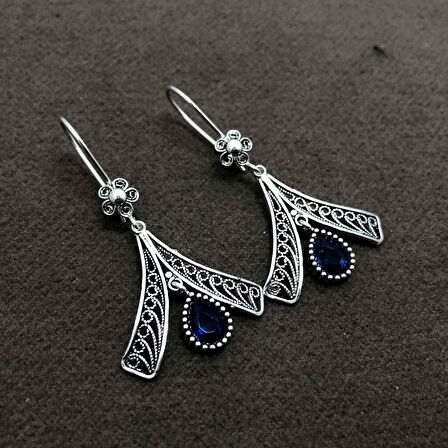 Safir Taşlı Oksitli Telkari Gümüş Kadın Küpe