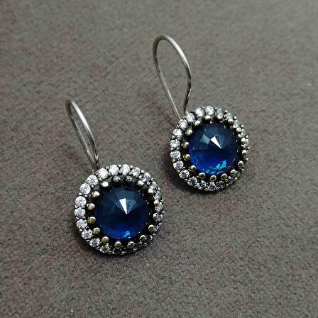 Safir ve Beyaz Zirkon Taşlı Otantik Gümüş Kadın Küpe