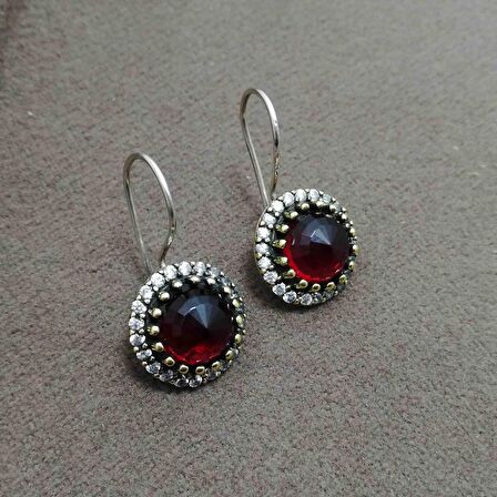 Yakut ve Beyaz Zirkon Taşlı Otantik Gümüş Kadın Küpe