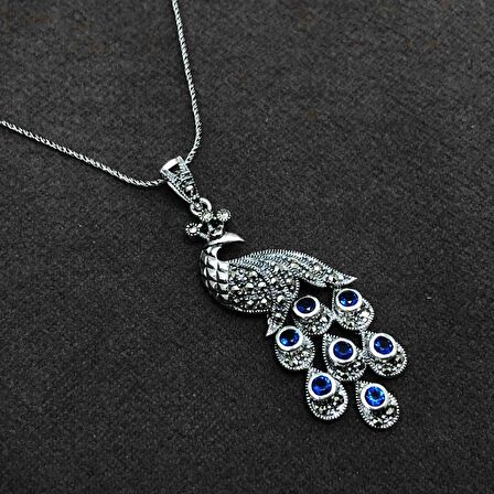 Safir ve Markazit Taşlı Tavus Kuşu Model Gümüş Bayan Kolye
