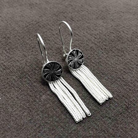 Püsküllü Mardin Hasırı Gümüş Kadın Küpe