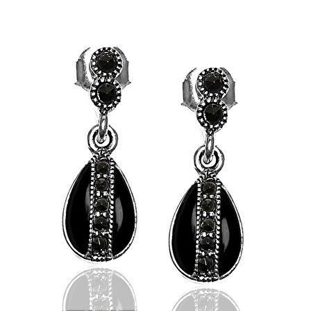 Oniks ve Markazit Taşlı 925 Ayar Gümüş Kadın Küpe