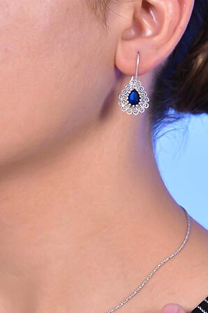 Safir Taşlı Damla Model Oksitli Telkari Gümüş Bayan Küpe