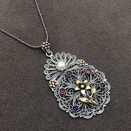 İnci Taşlı Oksitli Telkari Gümüş Kadın Kolye