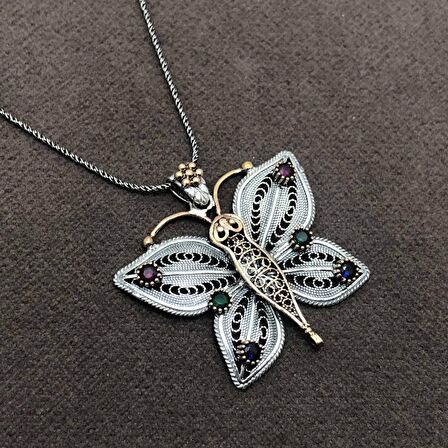 Kelebek Model Oksitli Telkari Gümüş Kadın Kolye