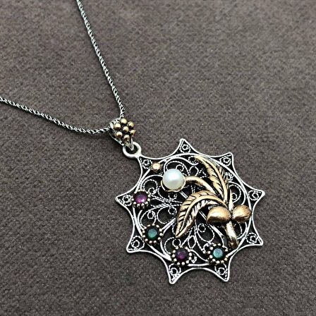 İnci Taşlı Oksitli Telkari Gümüş Kadın Kolye