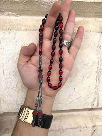 Çift Renkli Siyah Kırmızı Hareli Sıkma Kehribar Tesbih
