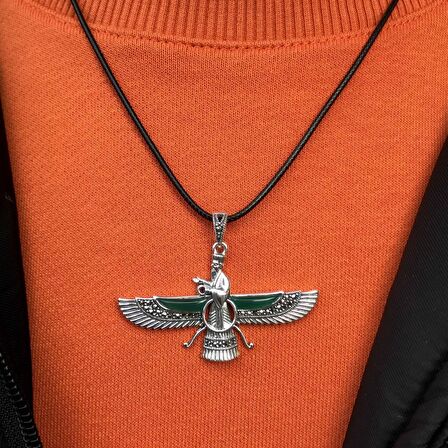 Zümrüt ve Markazit Taşlı Orta Boy Unisex Ahura Mazda Gümüş Kolye