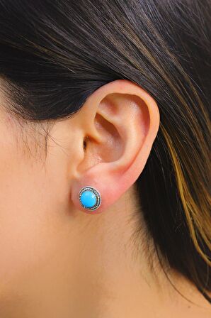 Firuze Taşlı Yuvarlak Markazit Kadın Gümüş Küpe