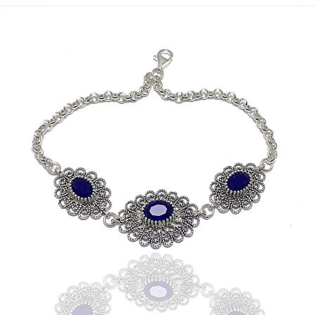 Safir Taşlı Elips Model Telkari Gümüş Bileklik