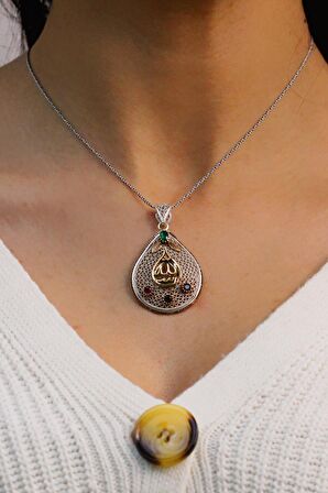 Allah (C.C) Yazılı Damla Model Kadın Telkari Gümüş Kolye