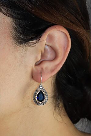 Safir Taşlı Damla Model Kadın Telkari Gümüş Küpe