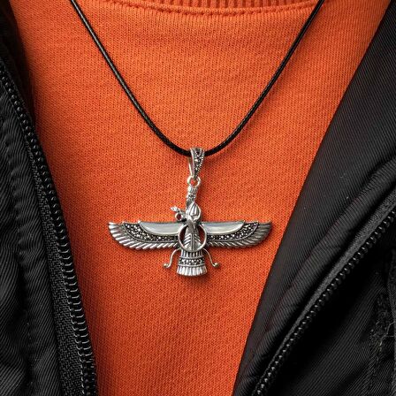 Sedef ve Markazit Taşlı Orta Boy Unisex Ahura Mazda Gümüş Kolye