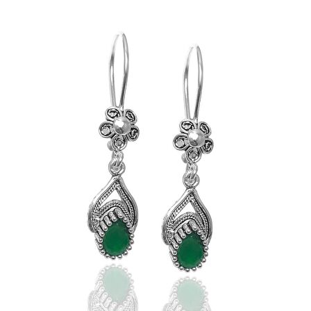 Zümrüt Taşlı Damla Model Kadın Telkari Gümüş Küpe