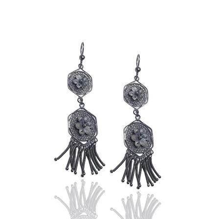 Sallantılı Çiçek Model Oksitli Telkari Gümüş Küpe