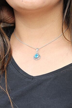 Akuamarin Taşlı Damla Model Oksitli Telkari Gümüş Kolye