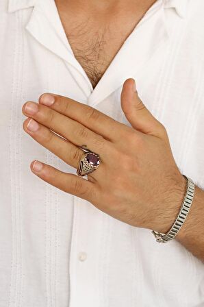 Yakut Taşlı Zülfikar Model Erkek Gümüş Yüzük