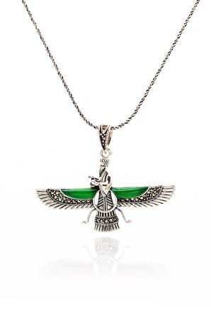 Akik ve Markazit Taşlı Küçük Boy Unisex Ahura Mazda Gümüş Kolye