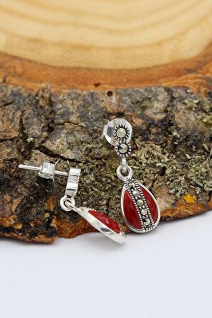 Çekirdek Tasarım Akik ve Markazit Taşlı Kadın Gümüş Küpesi 201020206