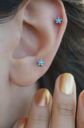 Firuze Mini Çiçek Piercing Tragus Helix Kıkırdak
