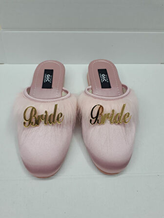 Bride Gelin Topuksuz Kaz Tüyü Terlik Pudra-Gold Yazılı