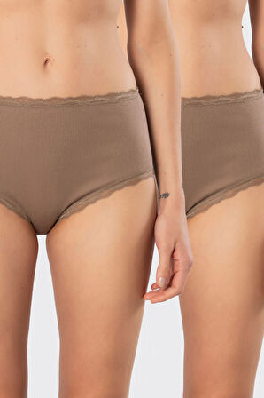 Türen Kadın Likralı Ribana Dantelli Yüksel Bel Külot 2'li Paket 929/Vizon