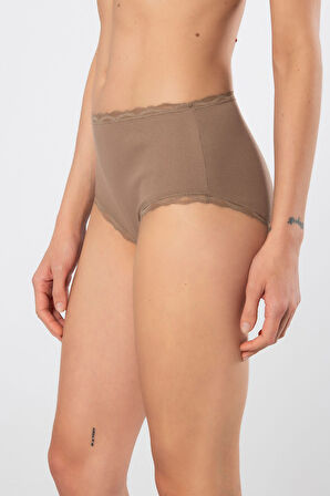 Türen Kadın Likralı Ribana Dantelli Yüksel Bel Külot 2'li Paket 929/Vizon