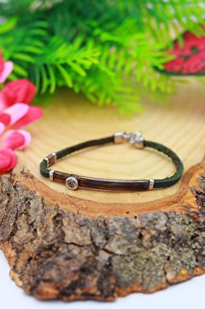 Taşlı Model Yeşil Deri Kordonlu Unisex Gümüş Bileklik 201020463