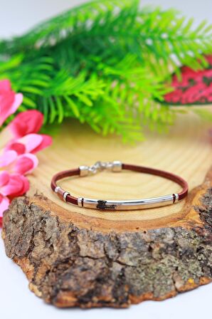 Balta Model Vişne Rengi Deri Kordonlu Unisex Gümüş Bileklik 201020469