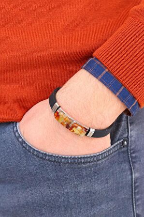 Damla Kehribar Taşlı Deri Kordon Çelik Unisex Bileklik 201020578