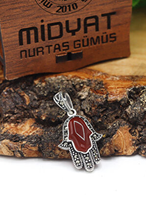 Akik ve Markazit Taşlı Fatma Ana Eli Gümüş Kolye 201021598