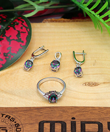 Mistik Topaz Taşlı 925 Ayar Gümüş Üçlü Set 201021907