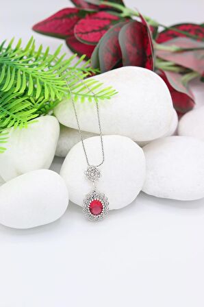 Pembe Zirkon Taşlı Elips Model Oksitli Telkari Gümüş Kolye 201021959