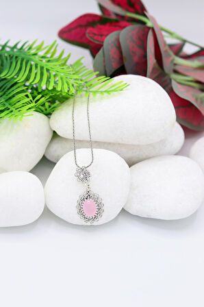 Pembe Kuvars Taşlı Elips Model Oksitli Telkari Gümüş Kolye 201021960