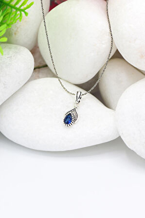 Safir Taşlı Damla Model Oksitli Telkari Gümüş Kolye 201021967