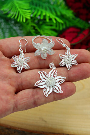 Rüzgar Gülü Kadın 925 Ayar Gümüş Telkari Üçlü Set 201022175