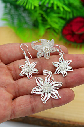 Zambak Çiçeği Kadın 925 Ayar Gümüş Telkari Üçlü Set 201022183