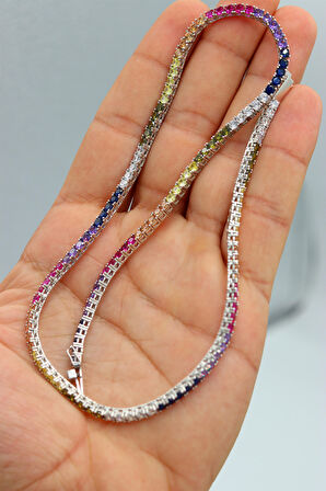 Karışık Renkli Su Yolu 925 Ayar Gümüş Kadın Gerdanlık 201022215