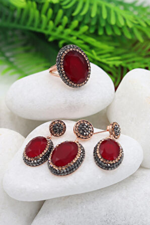 Yakut ve Swarovski Taşlı 925 Ayar Bayan Gümüş Üçlü Set 201022360