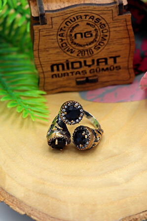 Safir Taşlı Eskitilmiş El işi Otantik Gümüş Yüzük 201022431