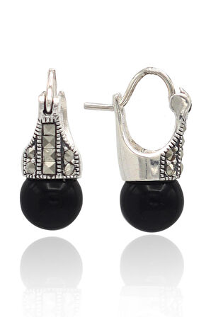 Oniks ve Markazit Taşlı 925 Ayar Kadın Gümüş Küpe 201022869