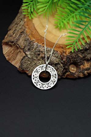 Desenli Halka Model Telkari 925 Ayar Gümüş Kolye 201023023