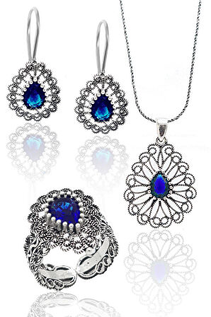 Safir Taşlı Damla Model Kadın 925 Ayar Gümüş Telkari Üçlü Set 201023144