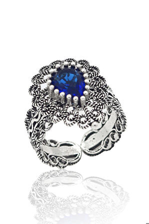 Safir Taşlı Damla Model Kadın 925 Ayar Gümüş Telkari Üçlü Set 201023144