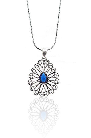 Safir Taşlı Damla Model Kadın 925 Ayar Gümüş Telkari Üçlü Set 201023144