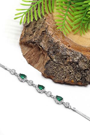 Zümrüt Taşlı Damla Model 925 Ayar Gümüş Kadın Bileklik 201023201