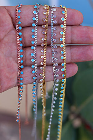 Firuze Taşlı 925 Ayar Gümüş Su Yolu Gerdanlık Şans Kolyesi 201023268