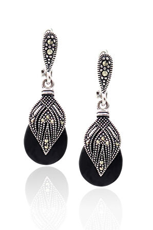 Oniks Taşlı Damla Model Markazit Gümüş Üçlü Takı Seti 201023285