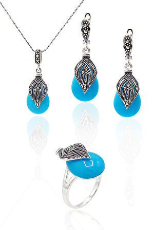 Firuze Taşlı Damla Model Markazit Gümüş Üçlü Takı Seti 201023288